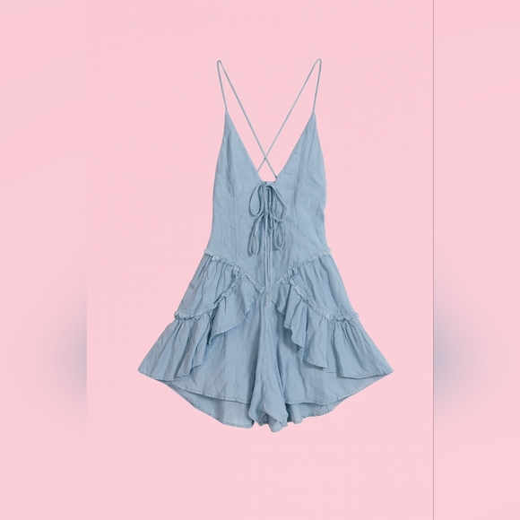 Promesa Pants - Promesa Light Blue Ruffle Romper with Spaghetti Straps